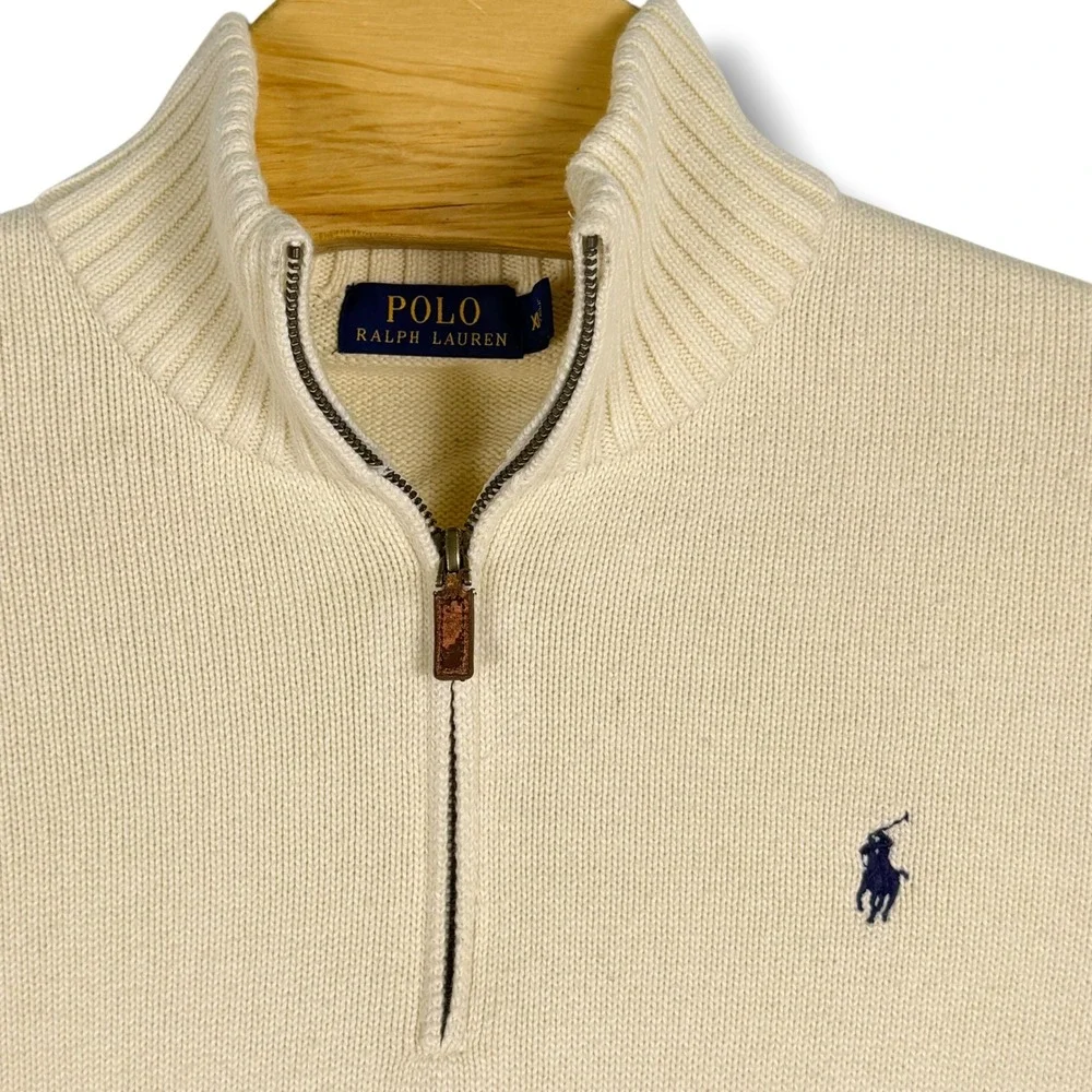 Polo Ralph Lauren Quarter Zip Men XL Cream Ivory Classic Cotton Knit Pullover